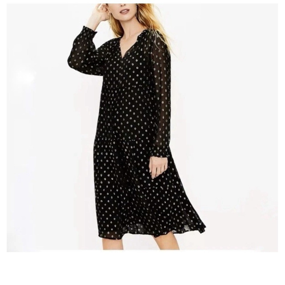 Loft Shimmer Clip Tiered Midi‎ Dress Size Medium Gold & Black Waist Tie Women's